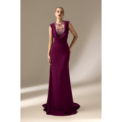 Rochie Lunga din Kadi cu Decolteu Drapat