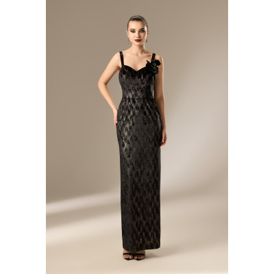 Rochie Lunga din Catifea Neagra cu Insertii Aurii