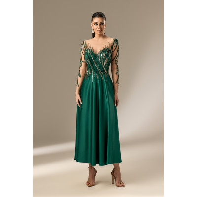 Rochie Verde Smarald cu Aplicații și Fustă Satinată